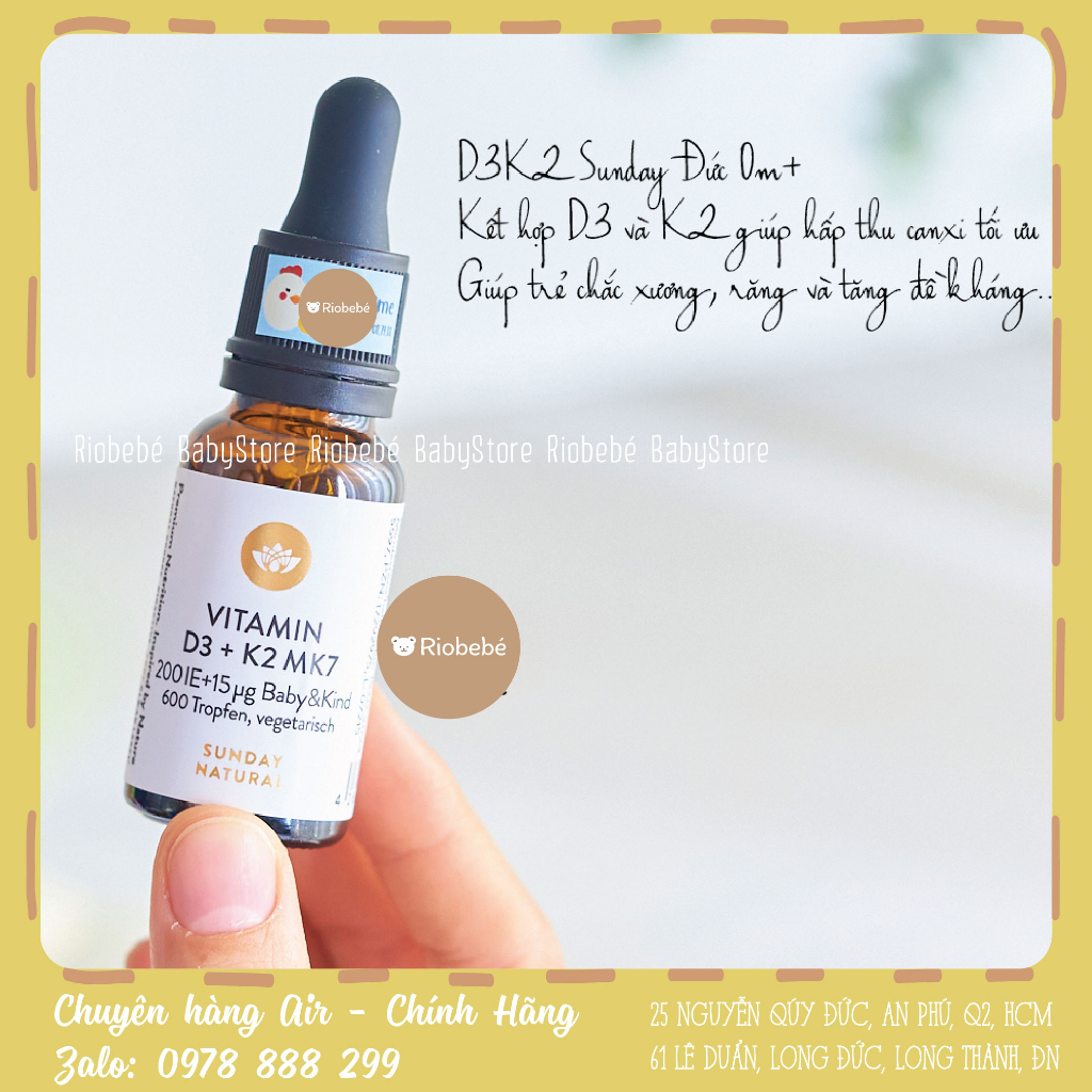 Vitamin D3K2 Mk7 Sunday Natural 20ml Đức - tăng chiều cao, chống còi xương cho bé từ sơ sinh
