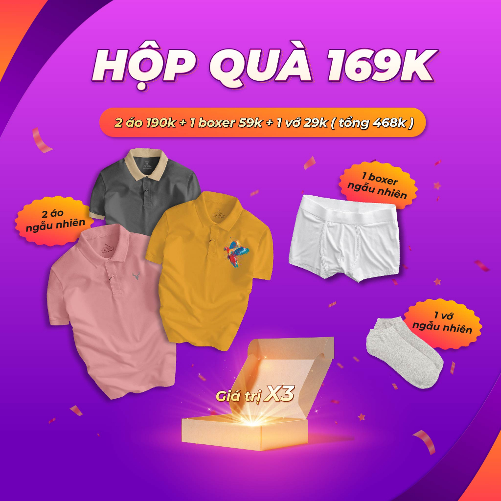 Hộp quà BÍ MẬT SIÊU QUÀ TẶNG GIÁ TRỊ, áo thun Polo + Boxer + Vớ sang xịn, chất liệu thoáng mát