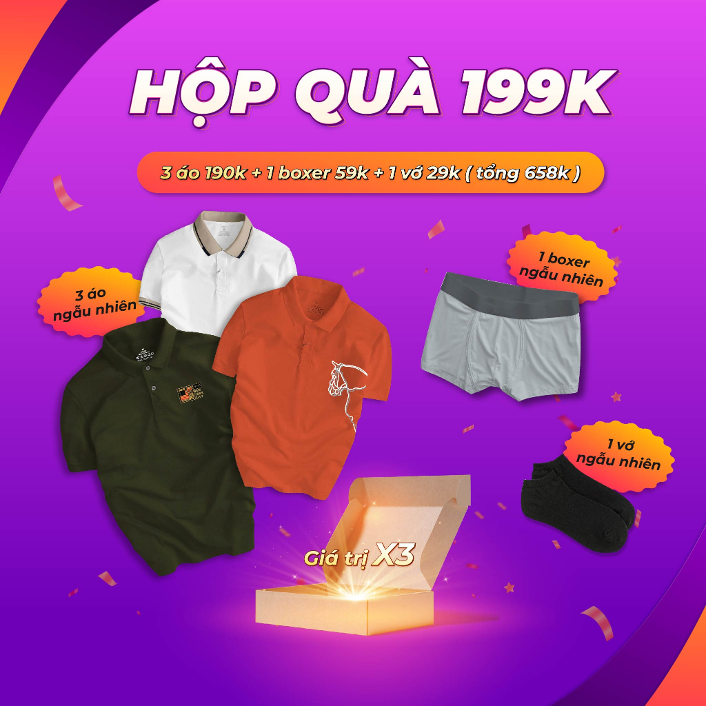 Hộp quà BÍ MẬT SIÊU QUÀ TẶNG GIÁ TRỊ, áo thun Polo + Boxer + Vớ sang xịn, chất liệu thoáng mát