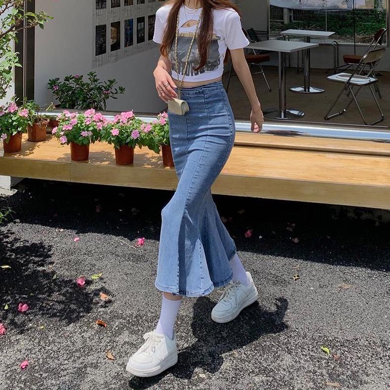 Chân váy jeans đuôi cá size XXS XS loe nhẹ kiểu dáng độc lạ cho nàng eo 58