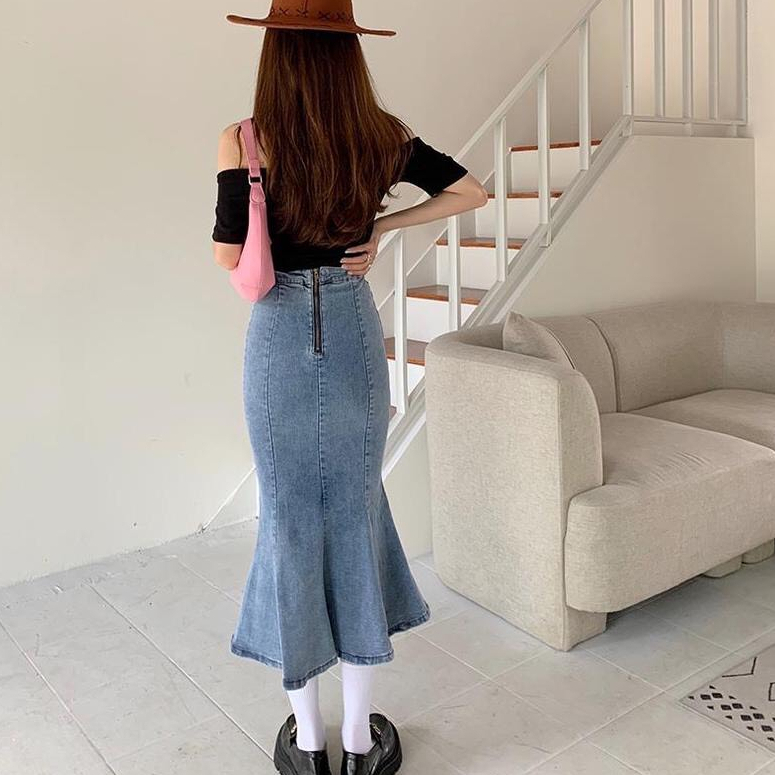 Chân váy jeans đuôi cá size XXS XS loe nhẹ kiểu dáng độc lạ cho nàng eo 58