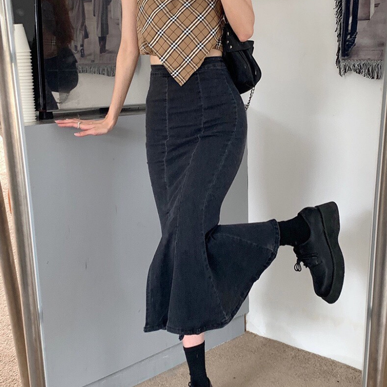 Chân váy jeans đuôi cá size XXS XS loe nhẹ kiểu dáng độc lạ cho nàng eo 58