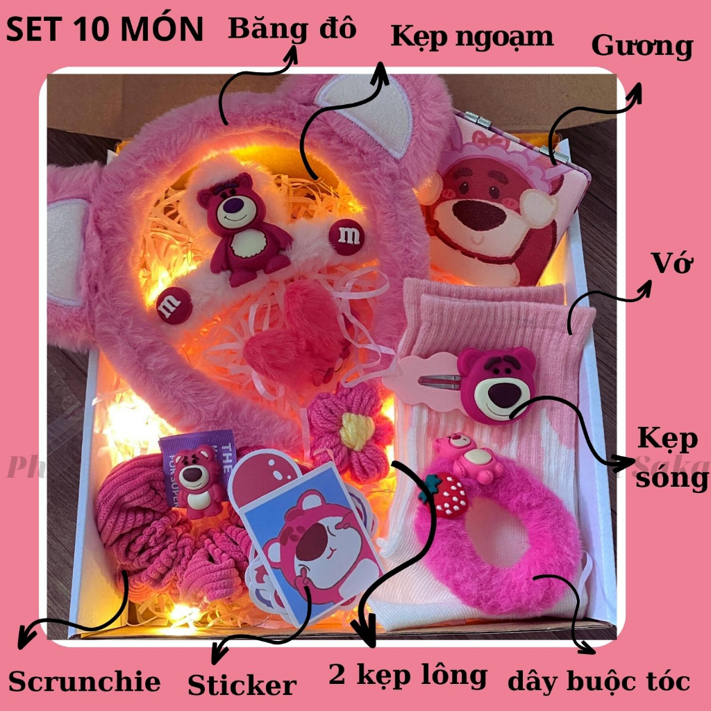Set Quà Tặng Sinh Nhật Bạn Gái/ Nữ/ Người Yêu/ Bạn Thân Gấu Dâu Lotso 16 Món Giá Rẻ Có Hộp Saka