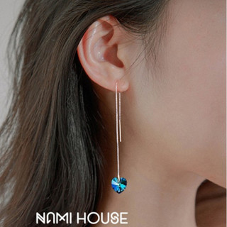 Bông tai nữ pha lê swarovski trái tim xanh kiểu dài tòn ten đeo qua tai dễ thương - namimi