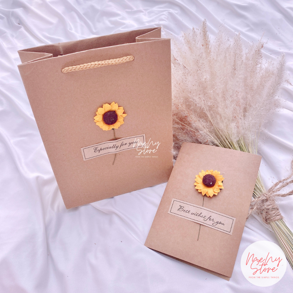 Thiệp quà tặng giấy kraft handmade vintage hoa hướng dương, thiệp chúc mừng ngày 8/3,20/10,sinh nhật Menystore