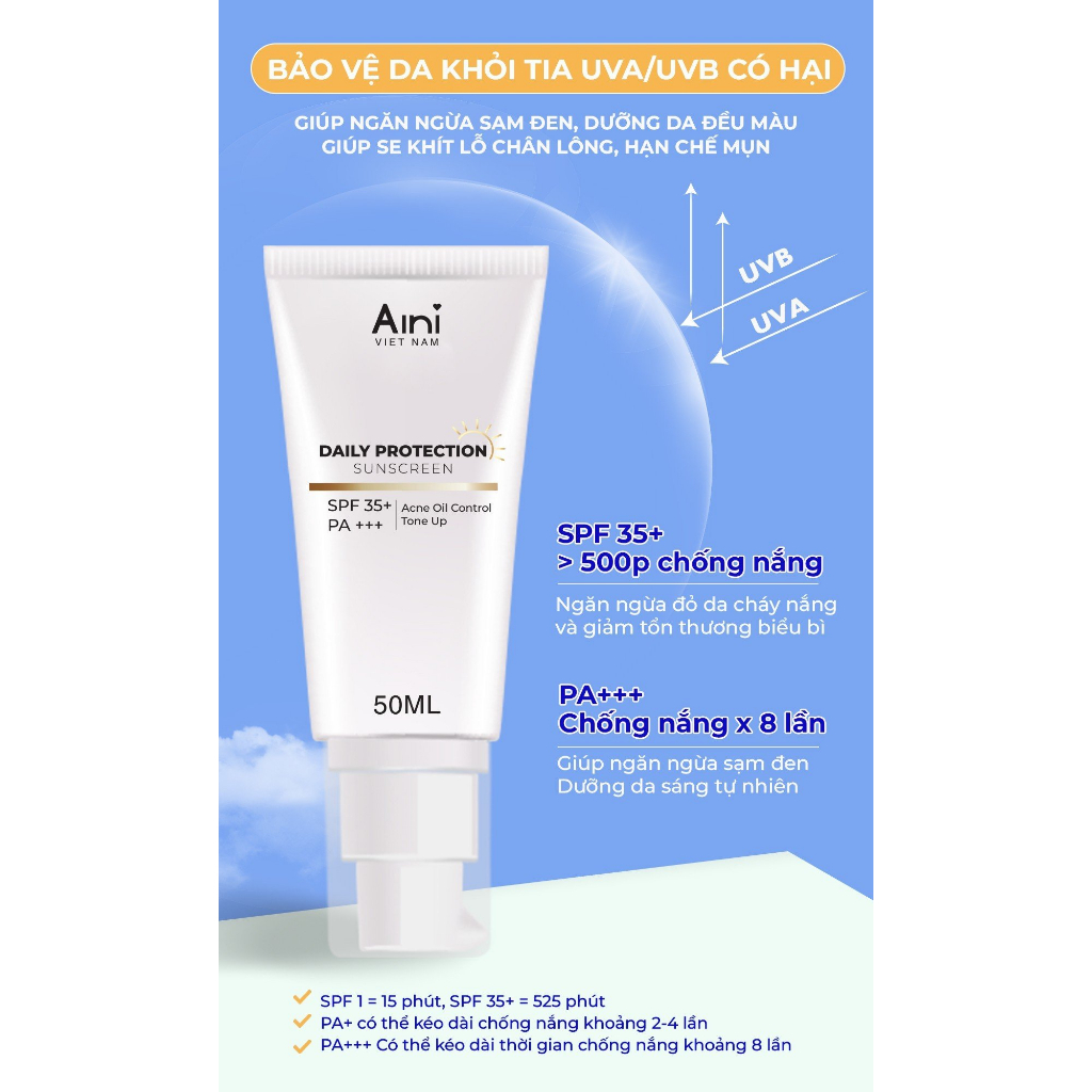 Kem chống nắng nâng tông khô thoáng dành cho body Aini Daily Protection Sunscreen SPF35+/PA+++