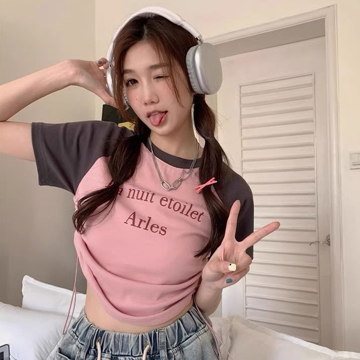 Áo Thun Croptop Tay Ngắn Hoạ Tiết In Chữ Phối Dây Rút 2 Bên Nhẹ Nhàng