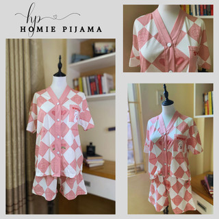 Bộ ngủ pijama hồng ô trám gấu ngực_homie pijama