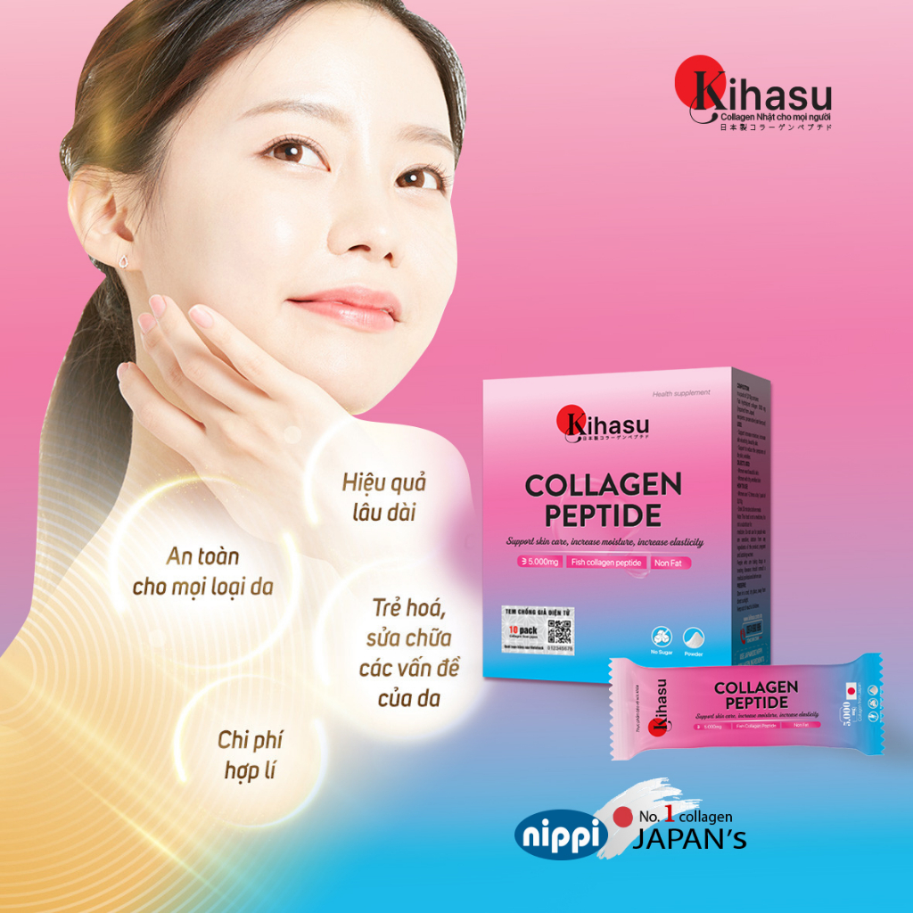 Bột collagen peptide kihasu: dạng bột collagen nhật bản dành cho người việt (hộp 10 gói x 5g)