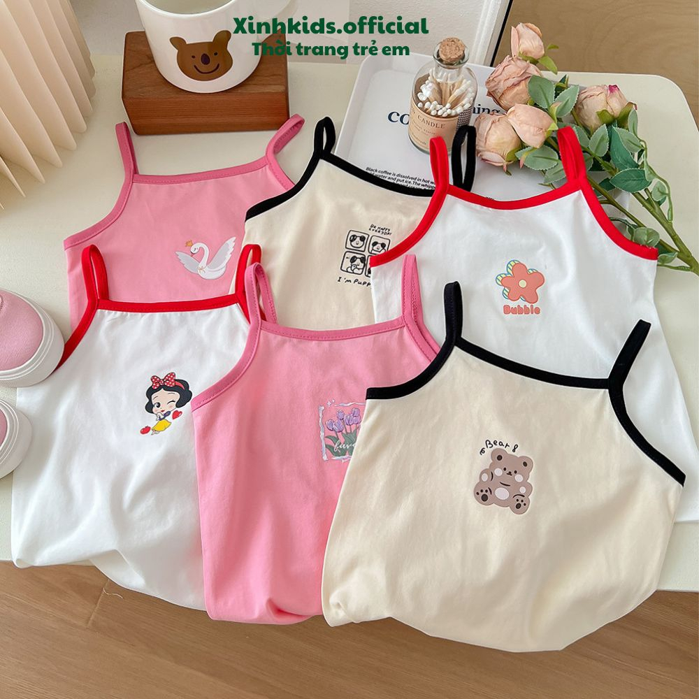 Áo thun 2 dây cho bé từ 3 – 7 tuổi chất cotton mềm mịn với nhiều hình ảnh dễ thương, áo 2 dây mùa hè cho bé gái