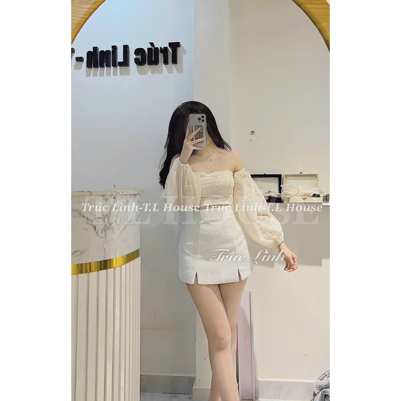 Set áo trễ vai tay phồng + chân váy