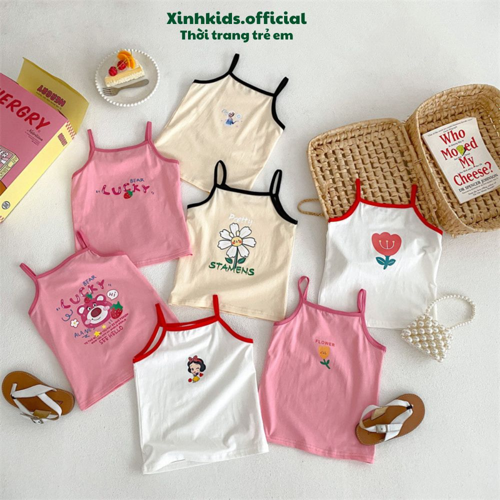 Áo thun 2 dây cho bé từ 3 – 7 tuổi chất cotton mềm mịn với nhiều hình ảnh dễ thương, áo 2 dây mùa hè cho bé gái