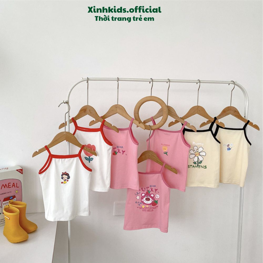 Áo thun 2 dây cho bé từ 3 – 7 tuổi chất cotton mềm mịn với nhiều hình ảnh dễ thương, áo 2 dây mùa hè cho bé gái