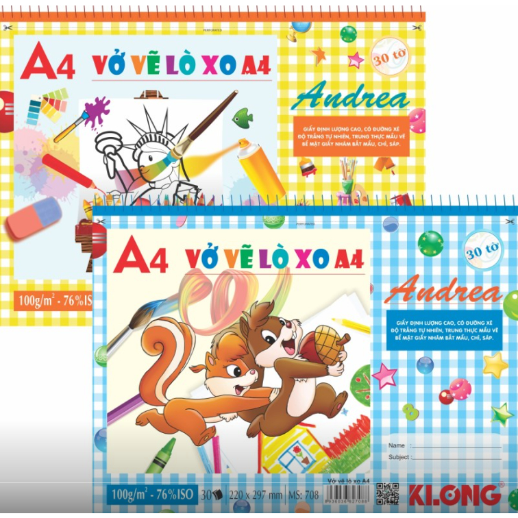 Vở vẽ A3/ A4 KLong giấy mịn chuyên dụng gáy lò xo/ gáy dán