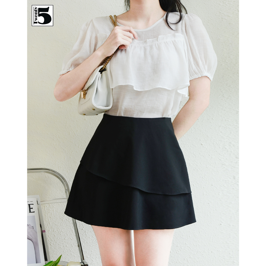 Áo sơ mi kiểu nữ Twentyfive bèo ngực tay chun bồng vải đũi mỏng mát SA76