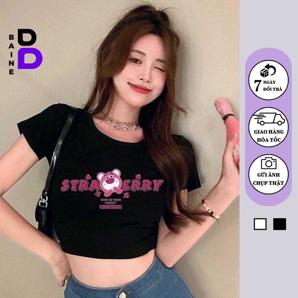 Áo Croptop Tay Ngắn Cổ Tròn GẤU STRAWBERRY Chất Thun Borip Kiểu Sexy Nữ, Áo Thun Ôm Body In Hoạ Tiết Đẹp Tôn Dáng BAINE