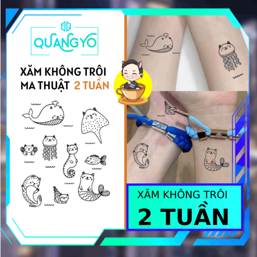 Hình xăm không trôi chủ đề mèo tiên cá lai động vật biển, hài hước, dễ thương, Xăm giống Inkaholic