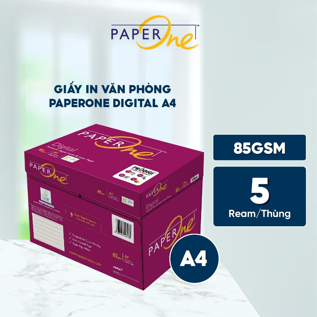 Thùng 5 ream giấy in A4 PaperOne Digital 85 gsm - Giấy in định lượng cao cho máy in laser, in phun