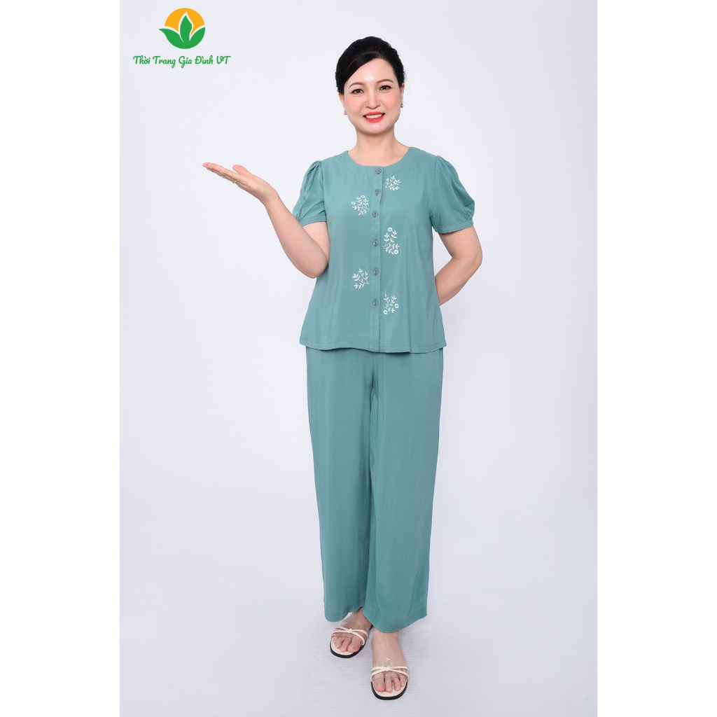 Bộ mặc nhà trung niên mùa hè thời trang Việt Thắng, quần dài, áo cộc tay chất Lanh thoáng mát - B28.2303