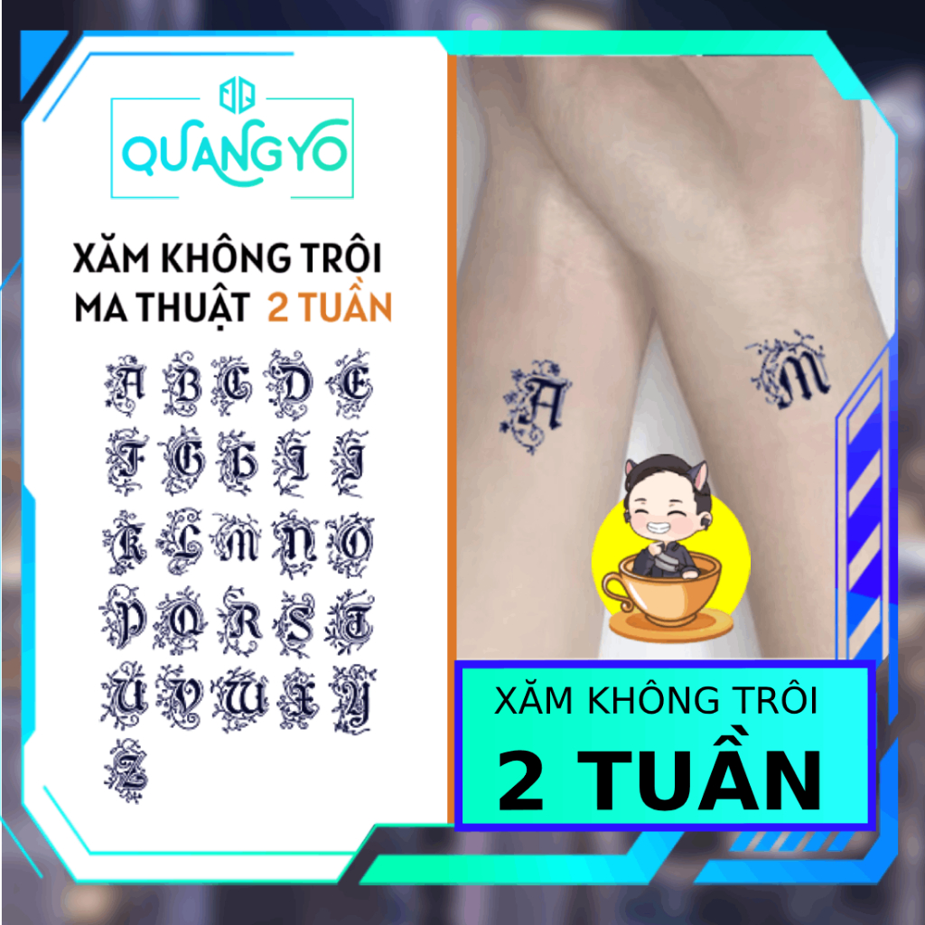 Hình xăm không trôi bảng chữ cái hoa lá cành, IN HOA cách điệu chữ cổ, Xăm giống Inkaholic