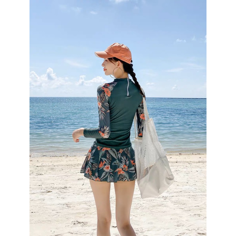 Đồ bơi nữ 2 mảnh BIG SIZE kín đáo, tay dài che nắng, dáng quần váy, size lên tới 80kg