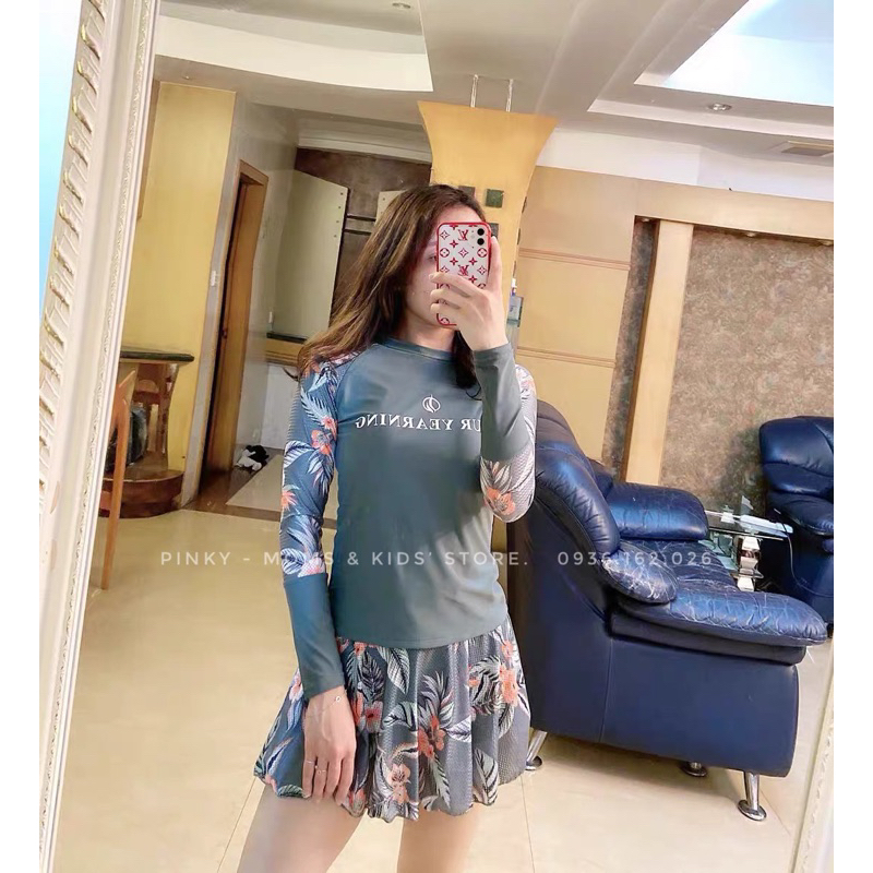 Đồ bơi nữ 2 mảnh BIG SIZE kín đáo, tay dài che nắng, dáng quần váy, size lên tới 80kg