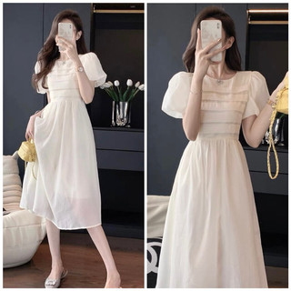 Đầm trắng vintage xoè xếp li trước (kèm hình thật)