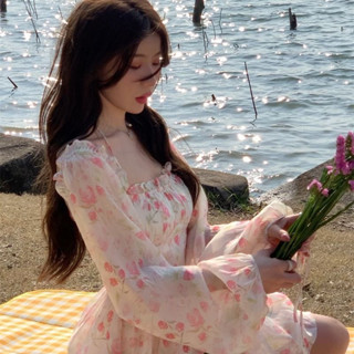 Đầm nữ hoa trễ vai dài tay by 09 STORE