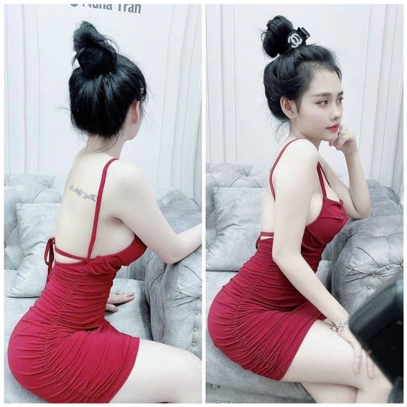 Đầm Hai Dây Cột Hở Lưng Cổ Vuông - Có Mút - Dáng Ngắn Nhún Hai Bên Hông Ôm Body Sexy - Tiểu Thư Bánh Bèo Cute Sang Chảnh