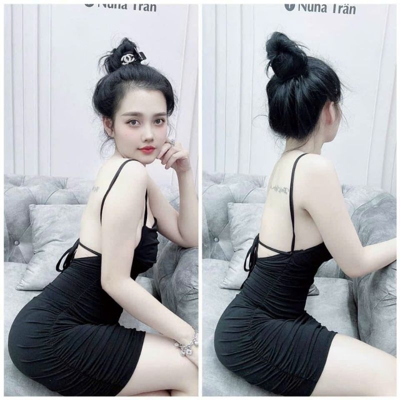 Đầm Hai Dây Cột Hở Lưng Cổ Vuông - Có Mút - Dáng Ngắn Nhún Hai Bên Hông Ôm Body Sexy - Tiểu Thư Bánh Bèo Cute Sang Chảnh