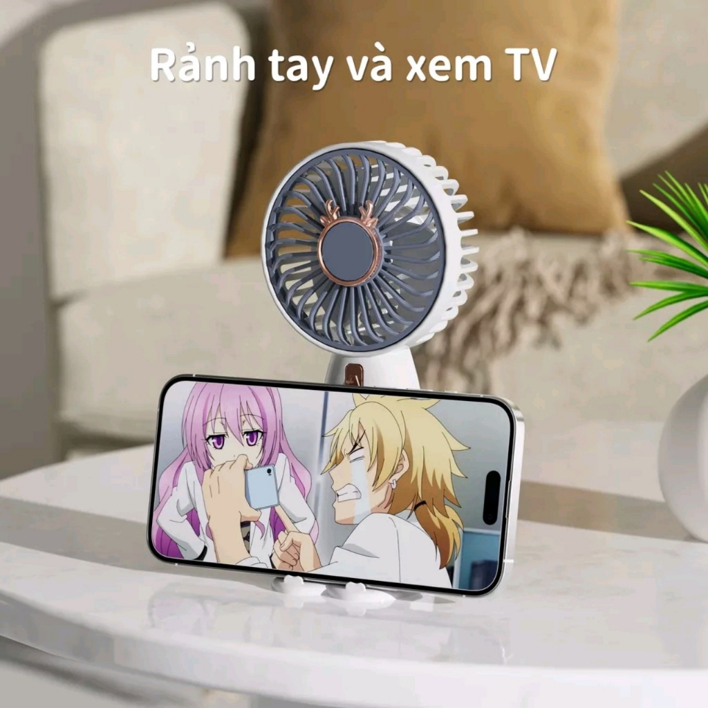 Quạt tích điện mini có đế để bàn mặt hình hươu kim loại