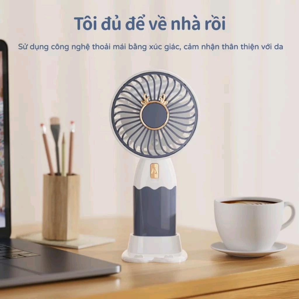 Quạt tích điện mini có đế để bàn mặt hình hươu kim loại