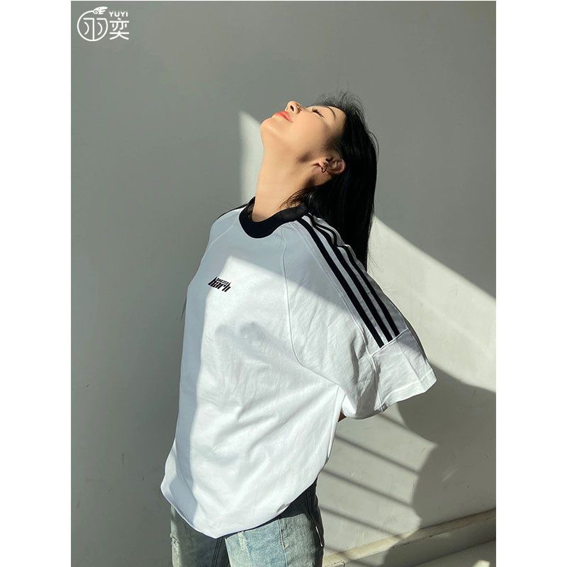 Áo Phông Harh 3 Sọc Nam Nữ Tay May Chéo Cá Tính Dáng Rộng Oversize