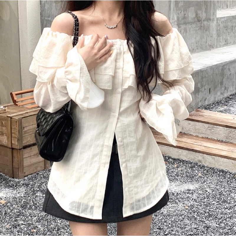 Áo trễ vai dài tay chất vải thô gân freesize- M27