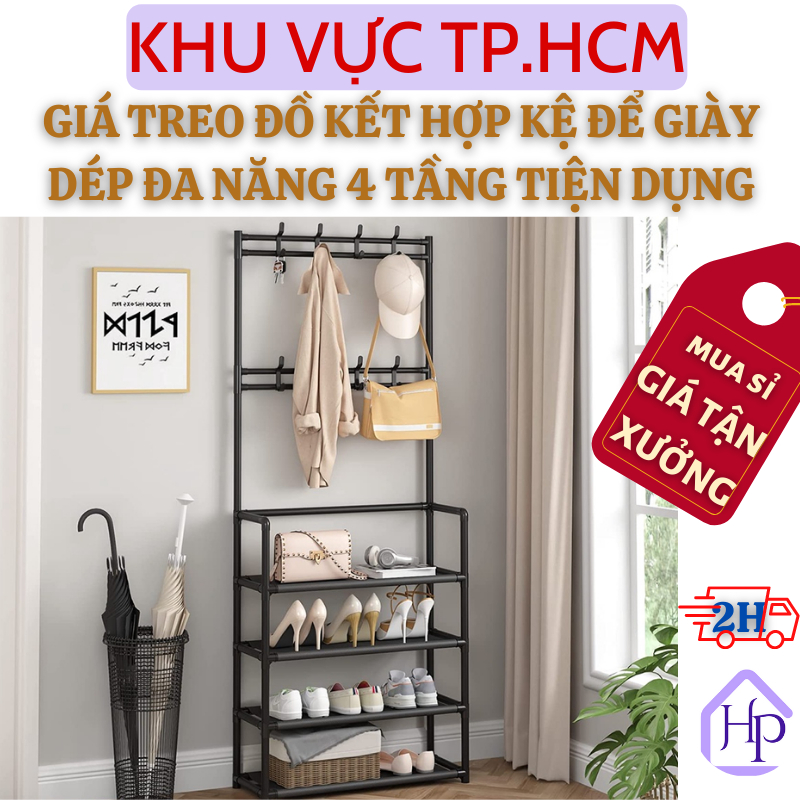 Giá Treo Đồ Kết Hợp Kệ Để Giày Dép Đa Năng 4 Tầng, Kệ Chữ L Để Giày Dép Treo Quần Áo, Vật Dụng Tiện Nghi