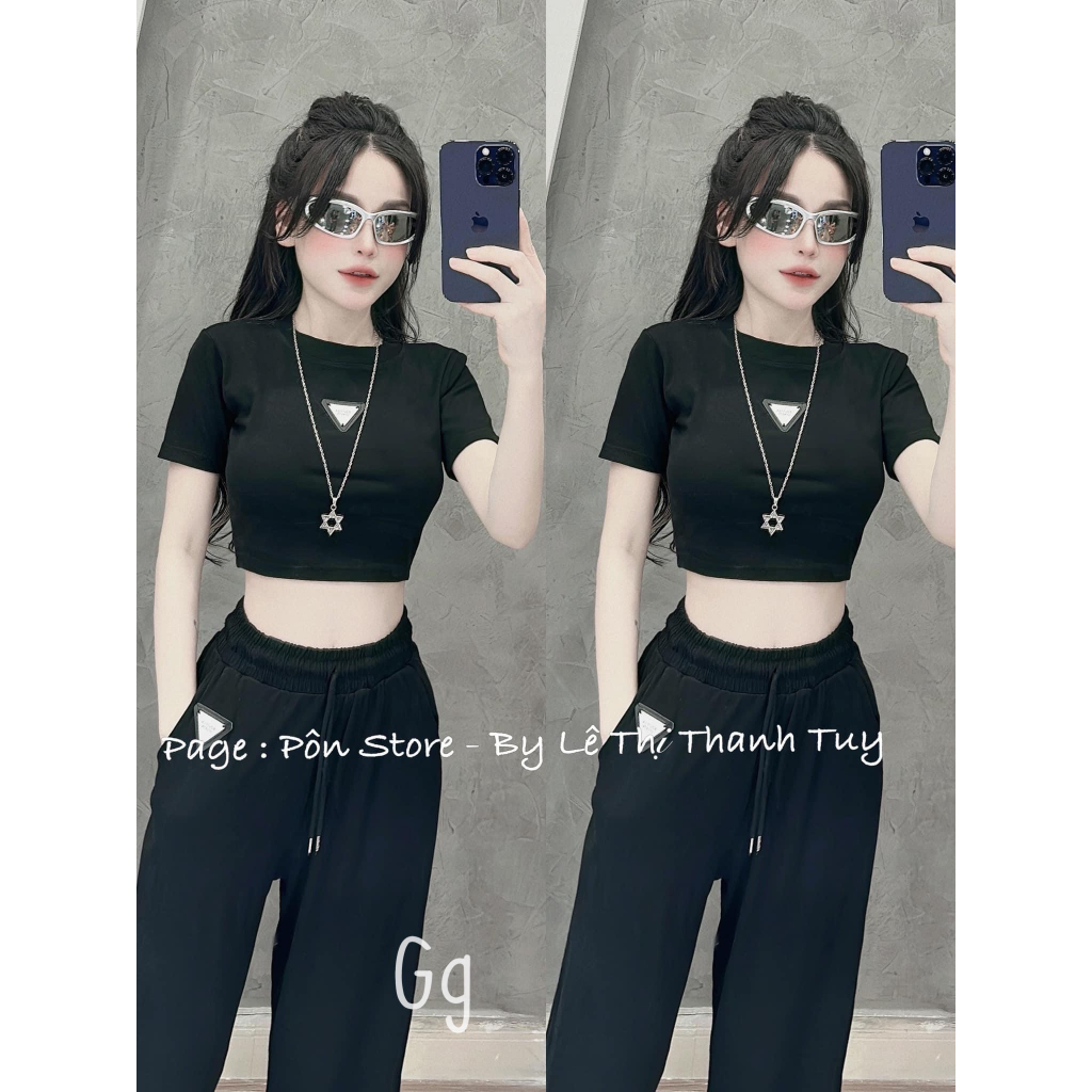 Set áo croptop tay ngắn ôm phối quần suông thun dài lưng thun