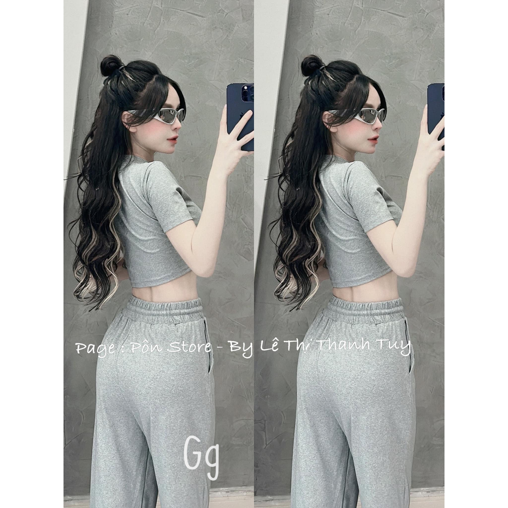Set áo croptop tay ngắn ôm phối quần suông thun dài lưng thun