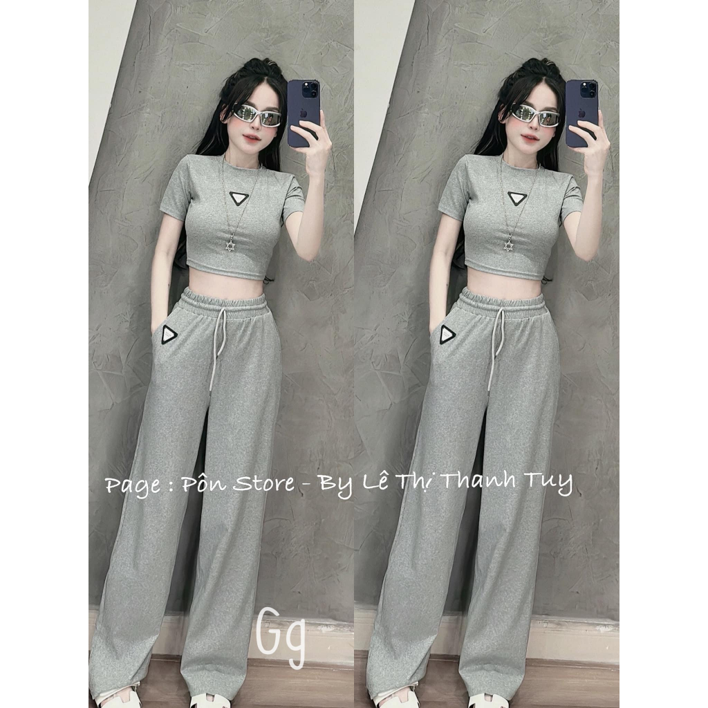 Set áo croptop tay ngắn ôm phối quần suông thun dài lưng thun