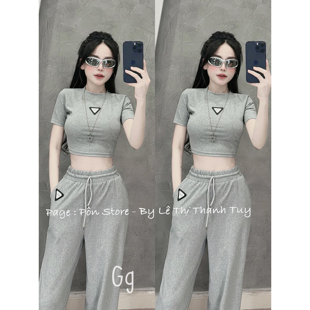 Set áo croptop tay ngắn ôm phối quần suông thun dài lưng thun