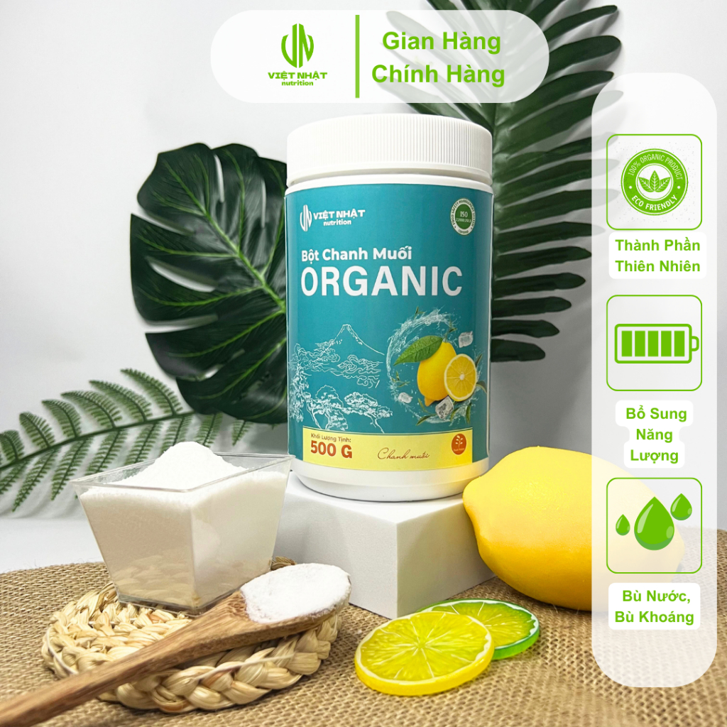Bột Chanh Muối Organic-Hộp 500gr- Điện Giải Bù Khoáng- Việt Nhật Nutrition