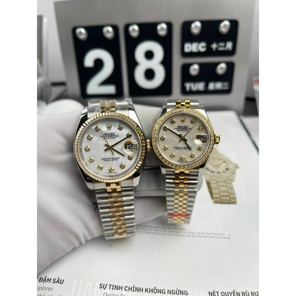 Đồng hồ Nam Rl 3kim mặt khảm trai  dây kim loại đờ mi trắng pha vàng gold máy thuy sĩ EW dòng Automatic size 36mm