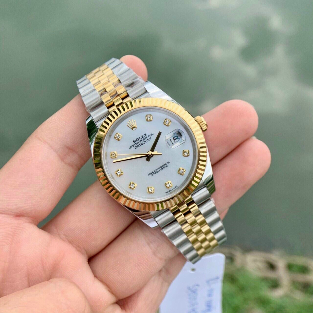 Đồng hồ Nam Rl 3kim mặt khảm trai  dây kim loại đờ mi trắng pha vàng gold máy thuy sĩ EW dòng Automatic size 36mm