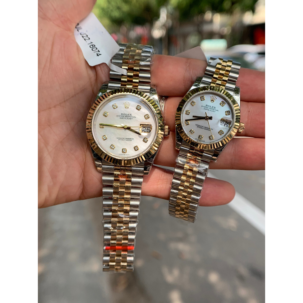 Đồng hồ Nam Rl 3kim mặt khảm trai  dây kim loại đờ mi trắng pha vàng gold máy thuy sĩ EW dòng Automatic size 36mm