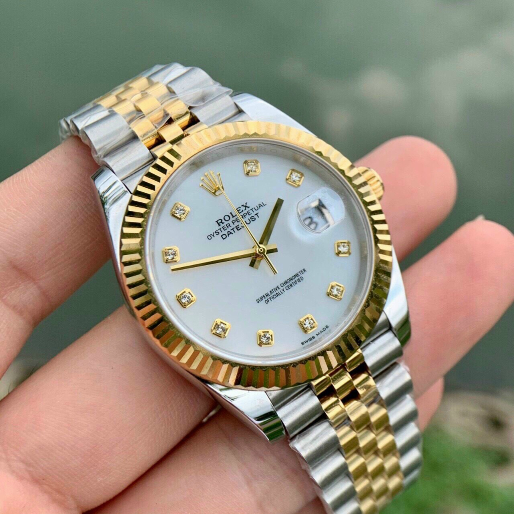Đồng hồ Nam Rl 3kim mặt khảm trai  dây kim loại đờ mi trắng pha vàng gold máy thuy sĩ EW dòng Automatic size 36mm