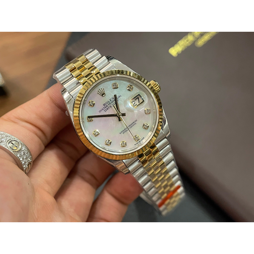 Đồng hồ Nam Rl 3kim mặt khảm trai  dây kim loại đờ mi trắng pha vàng gold máy thuy sĩ EW dòng Automatic size 36mm