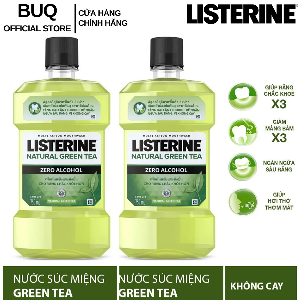 Bộ 2 Chai Nước Súc Miệng Ngừa Sâu Răng Vị Trà Xanh Không Cay Listerine Natural Green Tea 750mlx2