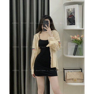 Set đầm body 2 dây áo sơmi kem
