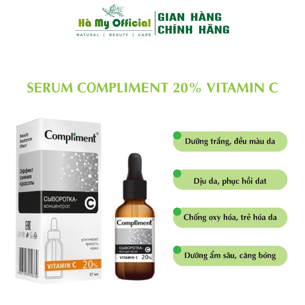 Serum Compliment dưỡng trắng cấp ẩm làm sạch sâu săn bóng da Vitamin C 20% HA 5% Salycilic Acid 2% BHA AHA PHA 27ml