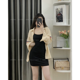 Set đầm body 2 dây áo sơmi kem