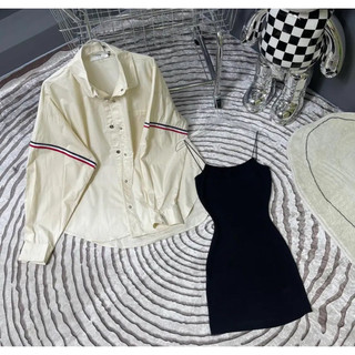 Set đầm body 2 dây áo sơmi kem
